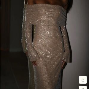 Meshki Tan Cream Sequin Off-Shoulder Gown
